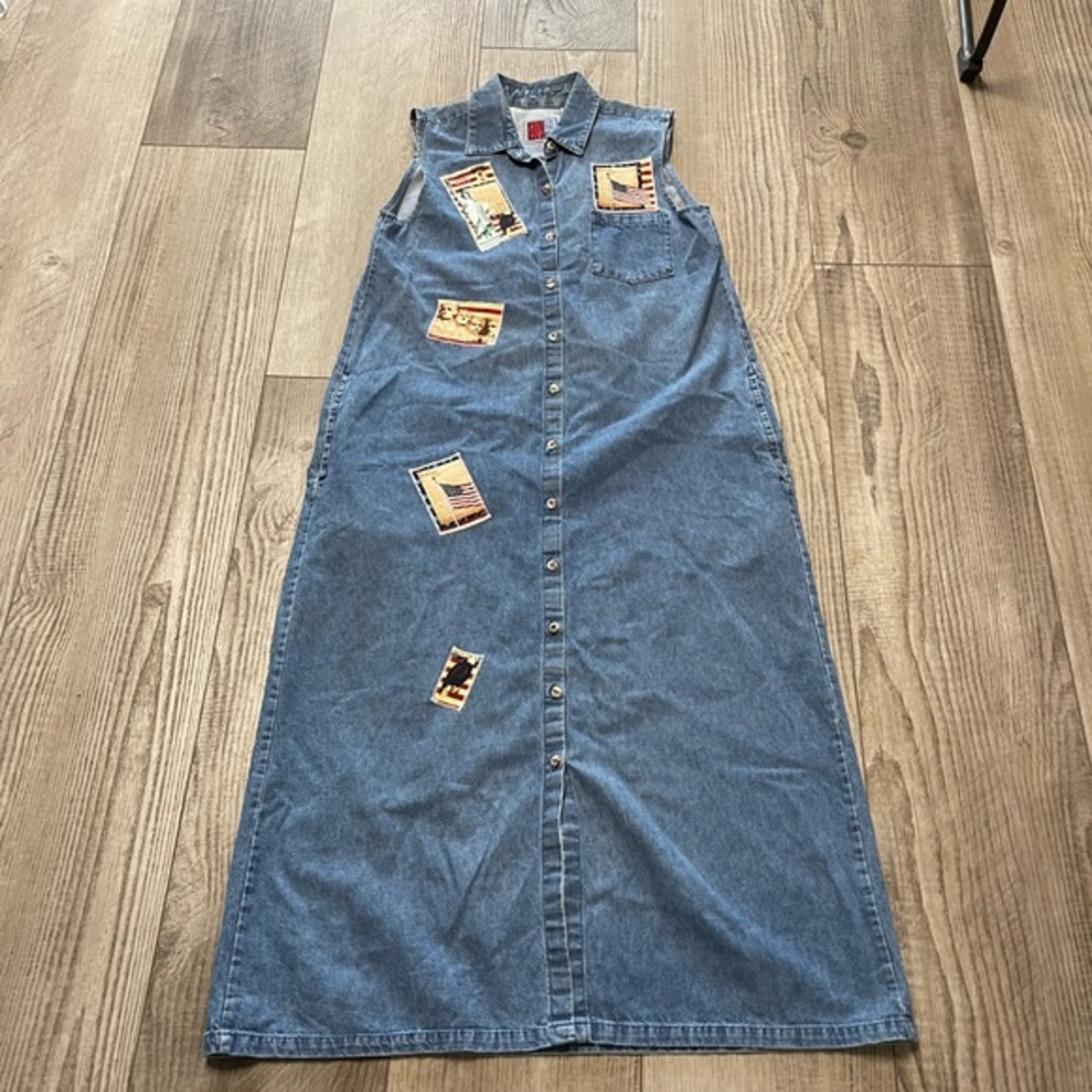 Vintage Sun Belt Denim long dress Americana patchwork M USA Made Shirt dress